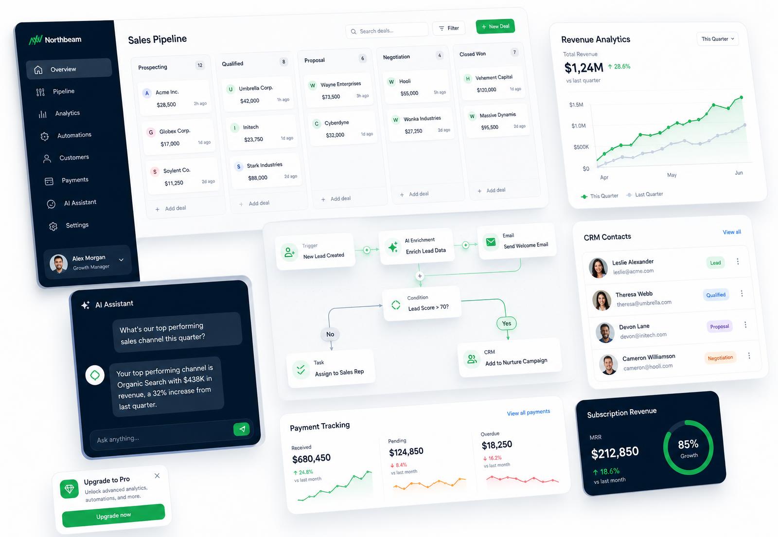 AI operations dashboard showing sales pipeline, automation workflows, CRM contacts, AI assistant, revenue analytics and payment tracking